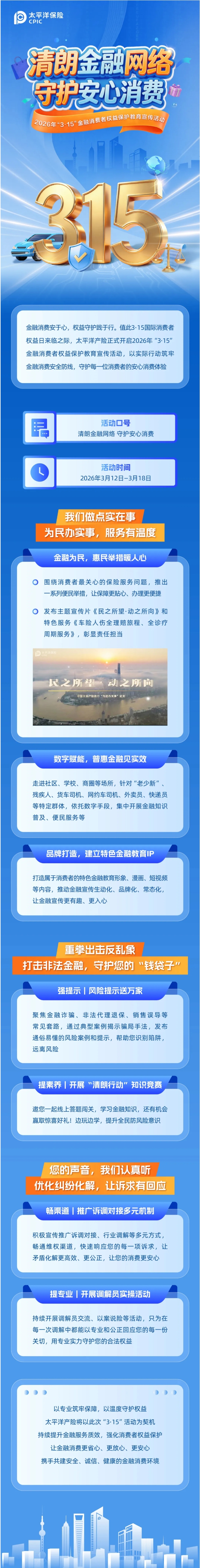 太平洋產(chǎn)險(xiǎn)啟動2026年“3·15”金融消費(fèi)者權(quán)益保護(hù)教育宣傳活動